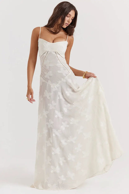 Sexy Flowers Lace Suspender Dress with straps and floral applique white maxi FLIPSTYLEZLLC on Tampa Home & Garden Store