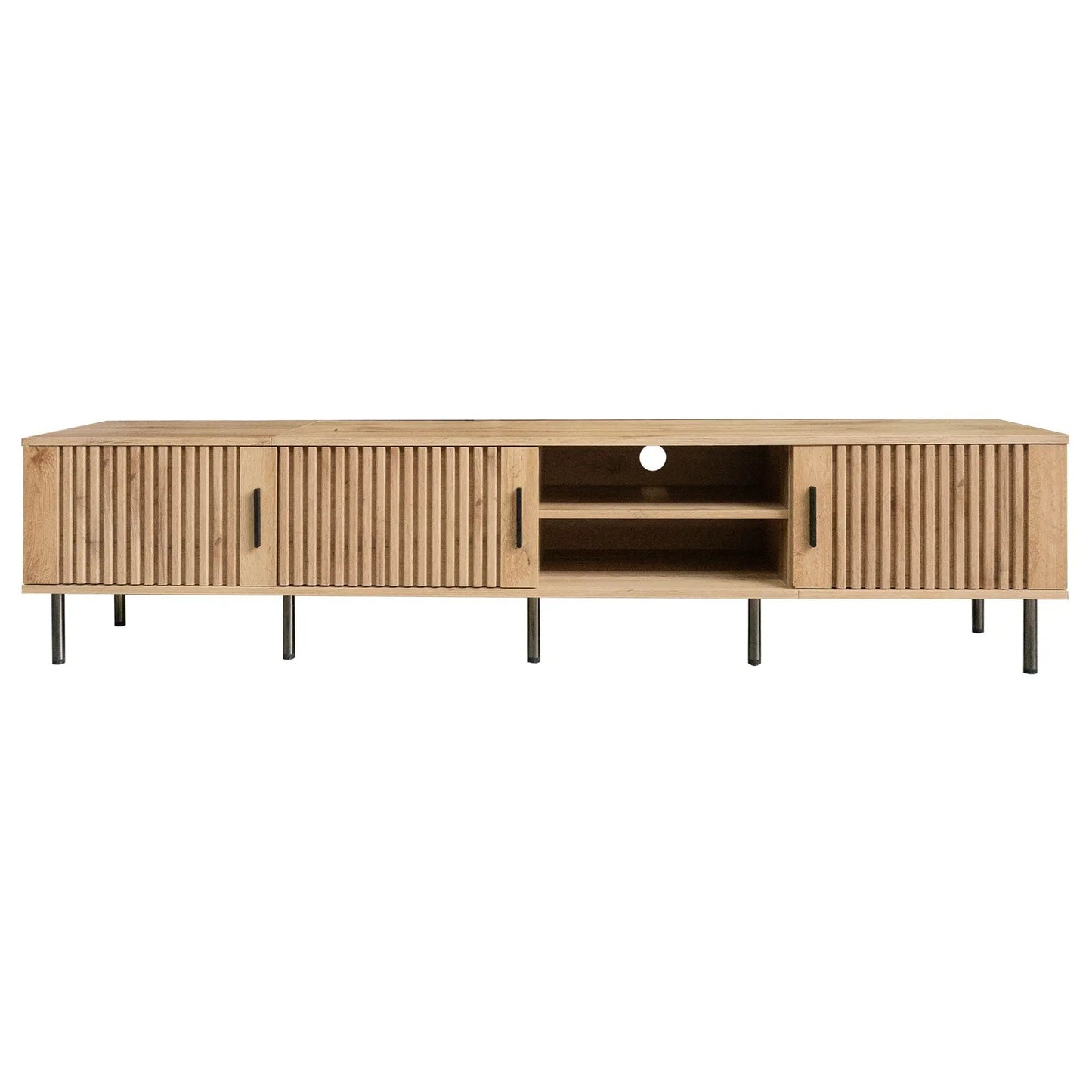 78in TV stand in natural wood with slatted doors and open center shelves on Tampa Home & Garden Store
