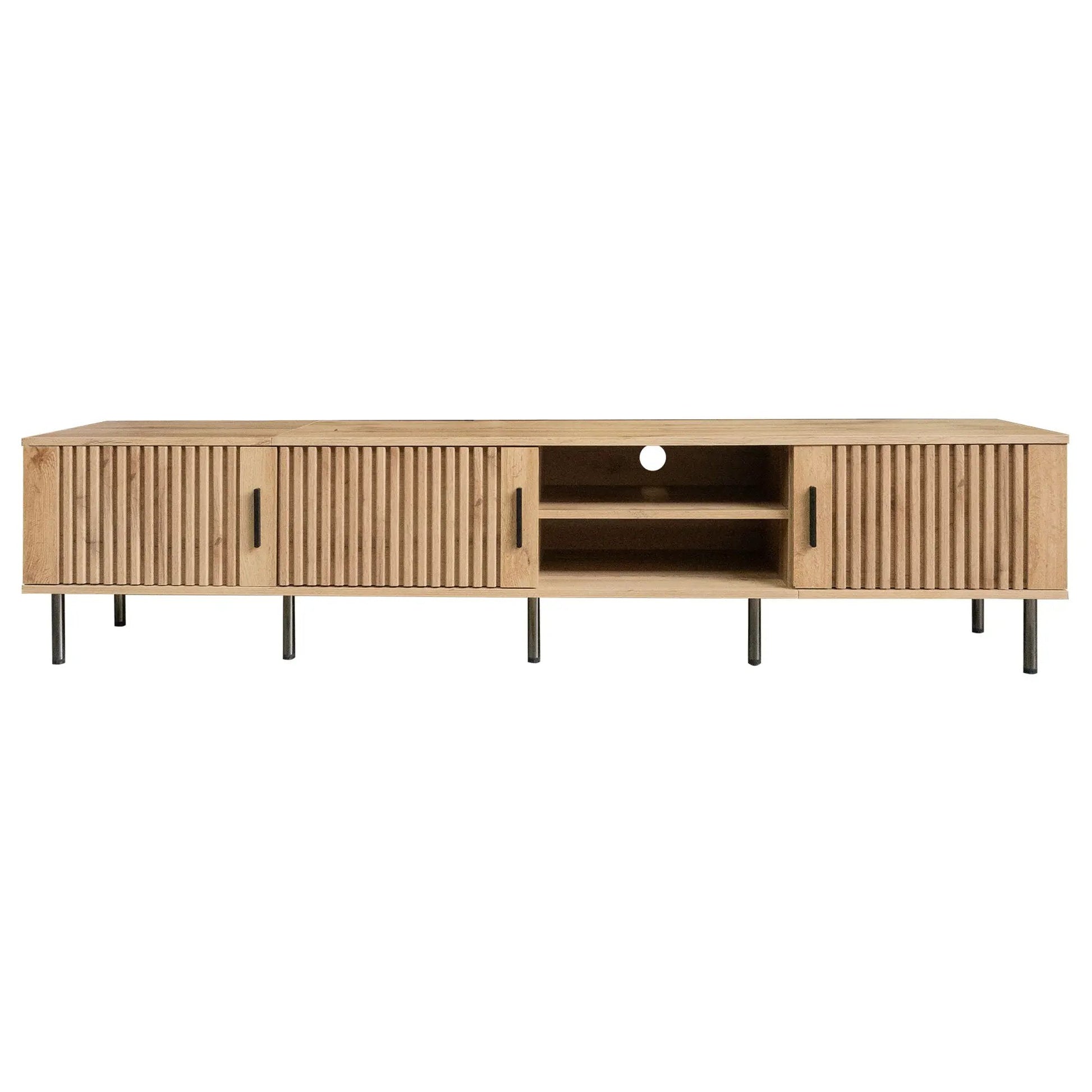 78in TV stand in natural wood with slatted doors and open center shelves on Tampa Home & Garden Store