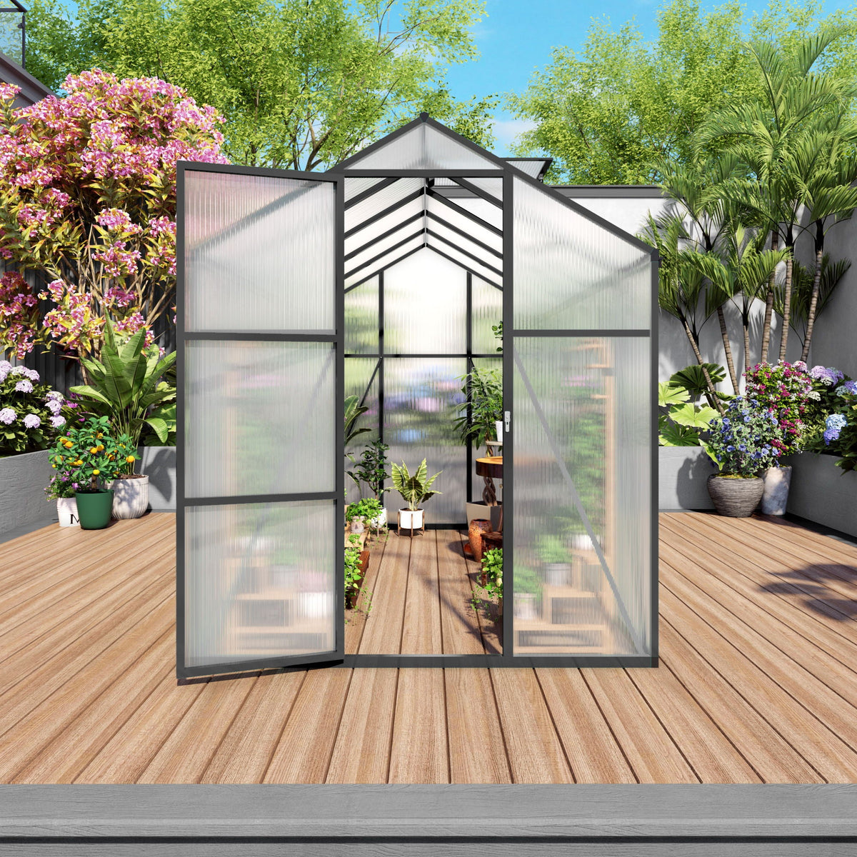 Windproof greenhouse with raised base, polycarbonate panels, black frame by HouseOfZazla on Tampa Home & Garden Store