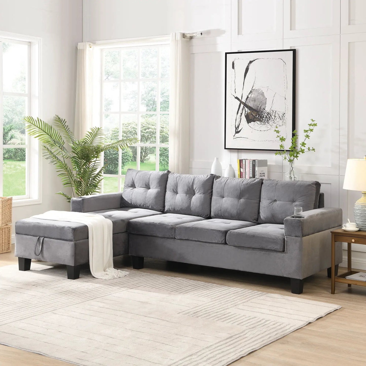 Modern sectional sofa with L-shaped chaise and storage, gray upholstery on Tampa Home & Garden Store