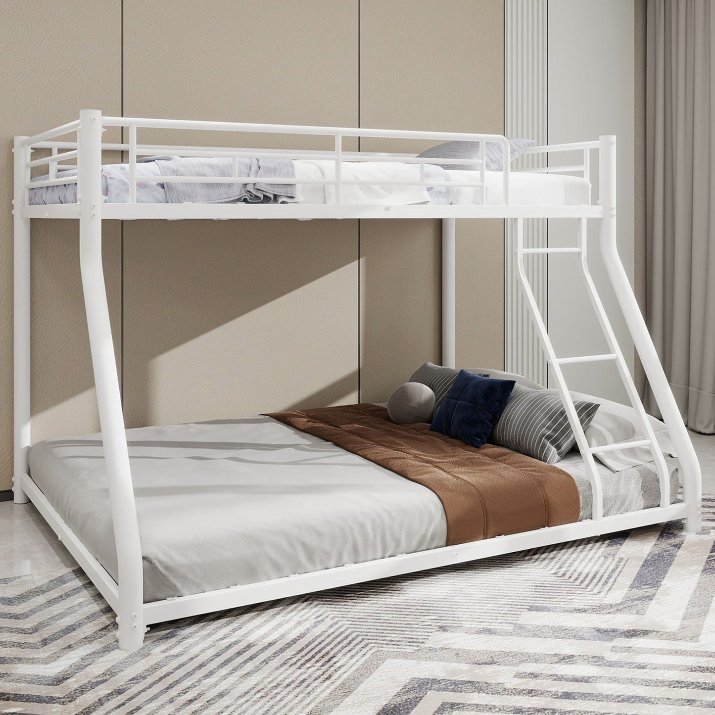 Sturdy Metal Bunk Bed With Ladder and Guardrail