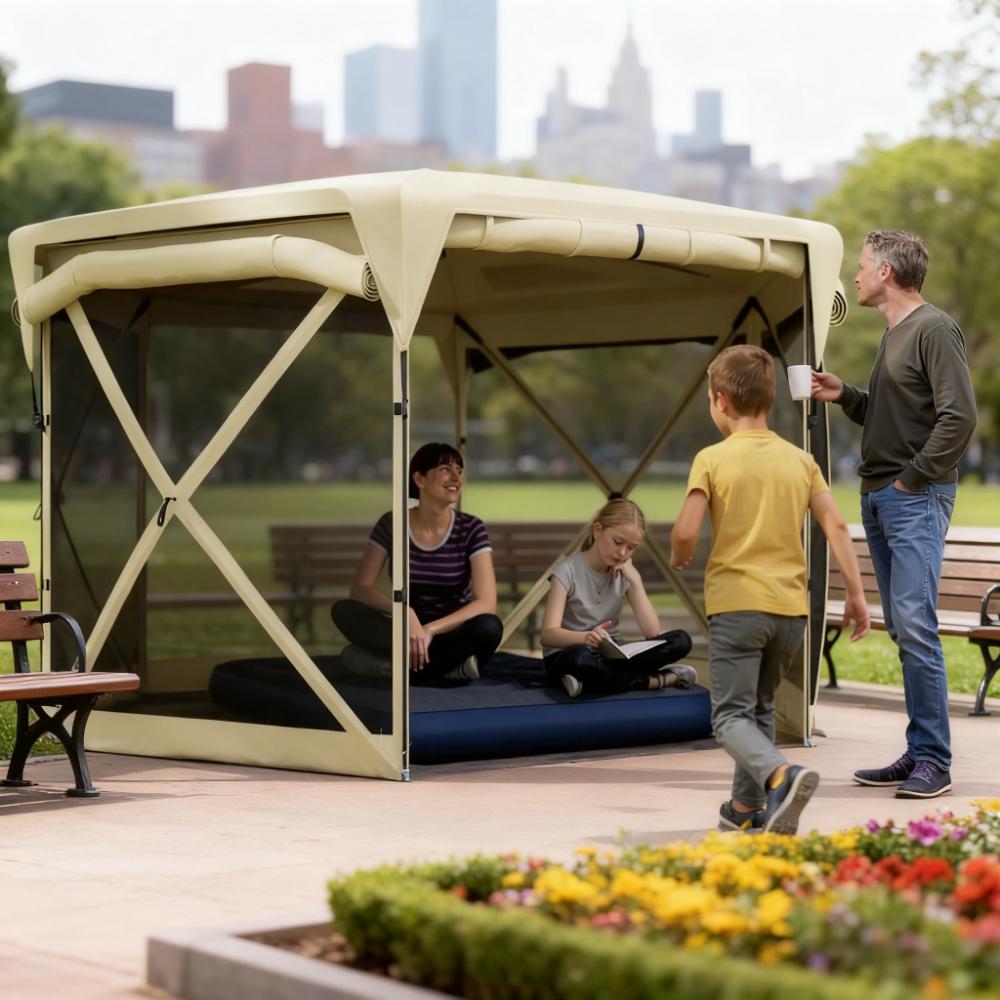 11x11ft pop up canopy tent, beige removable roof cover, HouseOfZazla, family in park on Tampa Home & Garden Store