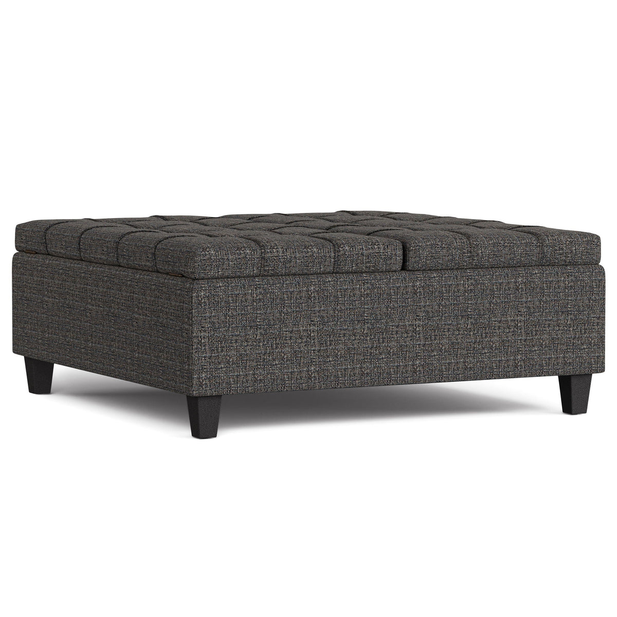 Harrison Tufted Lift Top Storage Ottoman in charcoal gray textured fabric with dark wood legs on Tampa Home & Garden Store