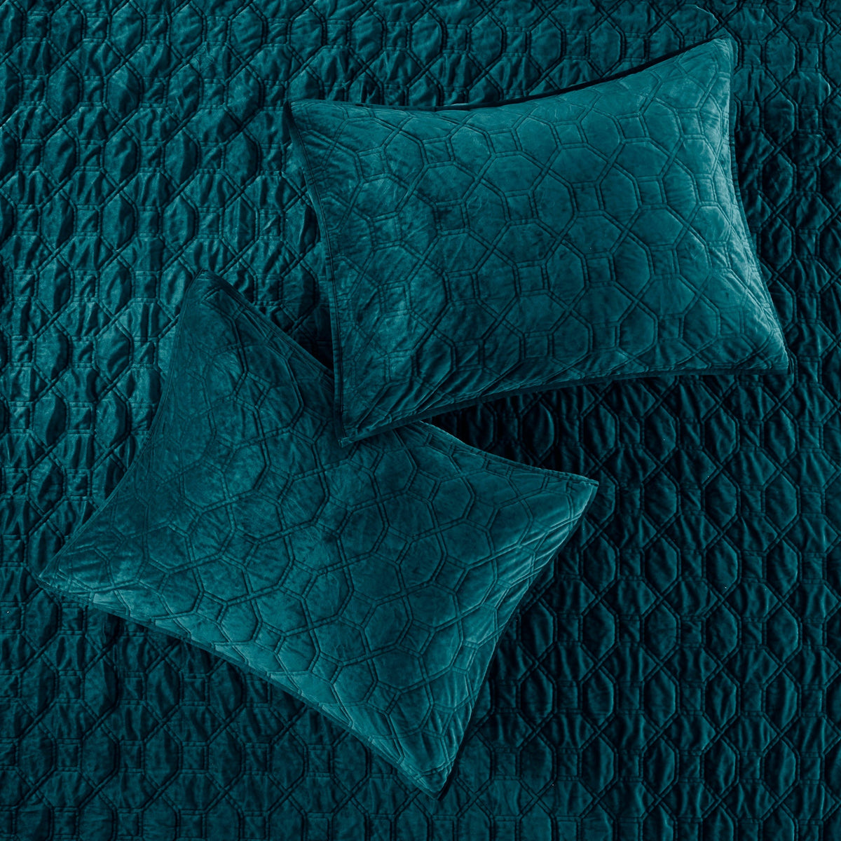 Teal velvet quilt set King/Cal King with geometric quilting, 3-piece by HouseOfZazla on Tampa Home & Garden Store