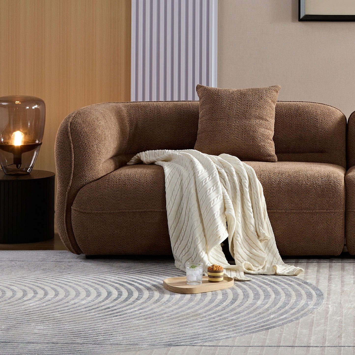 Sectional sofa in brown boucle fabric with solid wood frame and high density sponge fill on Tampa Home & Garden Store
