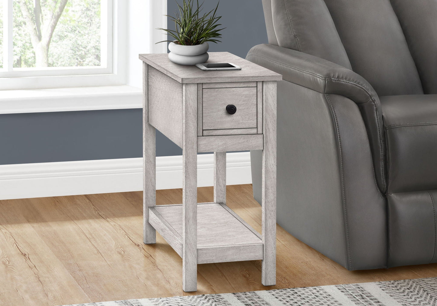 Accent End Table 2-Tier narrow with storage drawer in light gray wood finish on Tampa Home & Garden Store