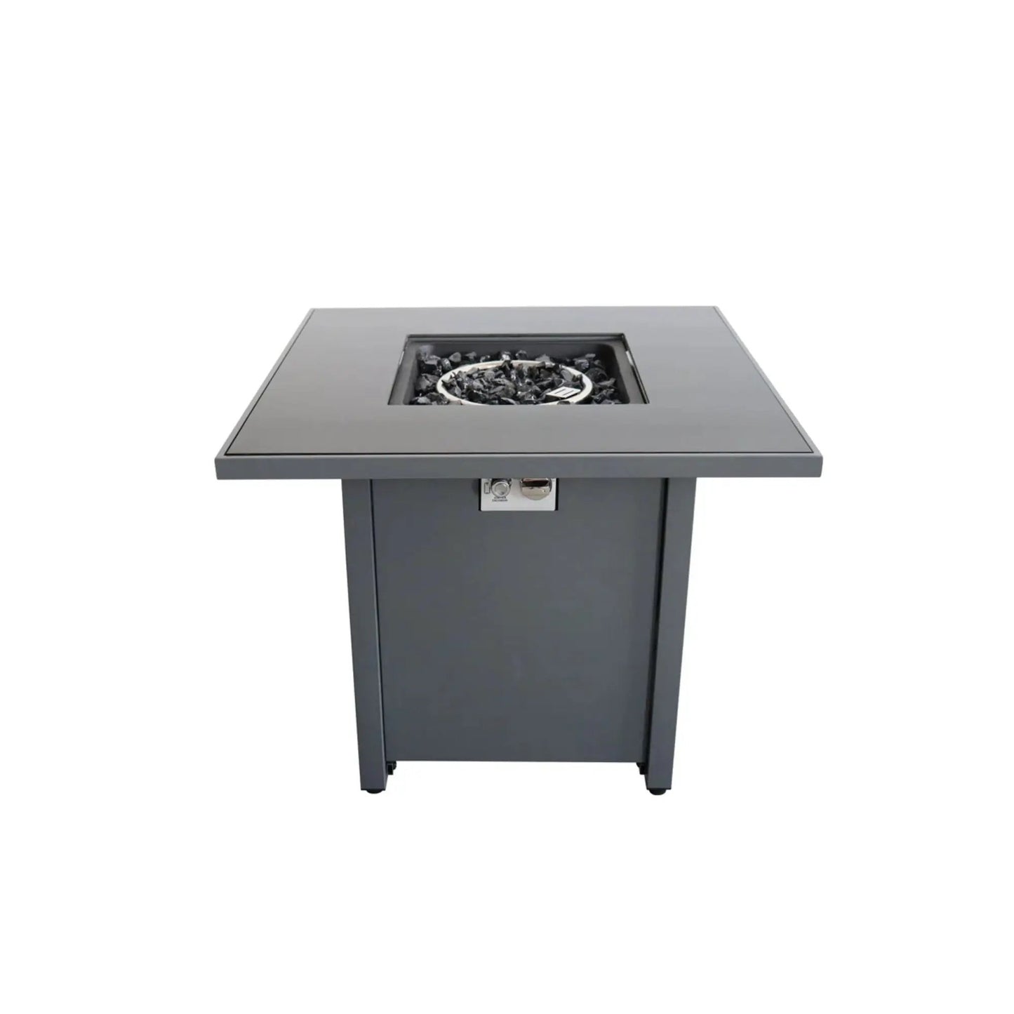 Powdercoated gray gas fire pit with square top and lava rock insert on Tampa Home & Garden Store