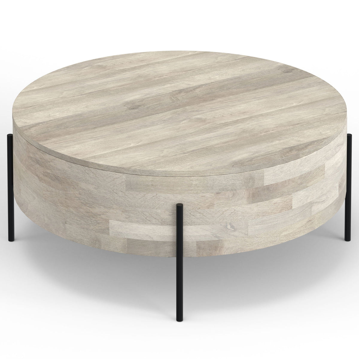 Round solid mango wood coffee table with light finish and black metal legs HouseOfZazla on Tampa Home & Garden Store