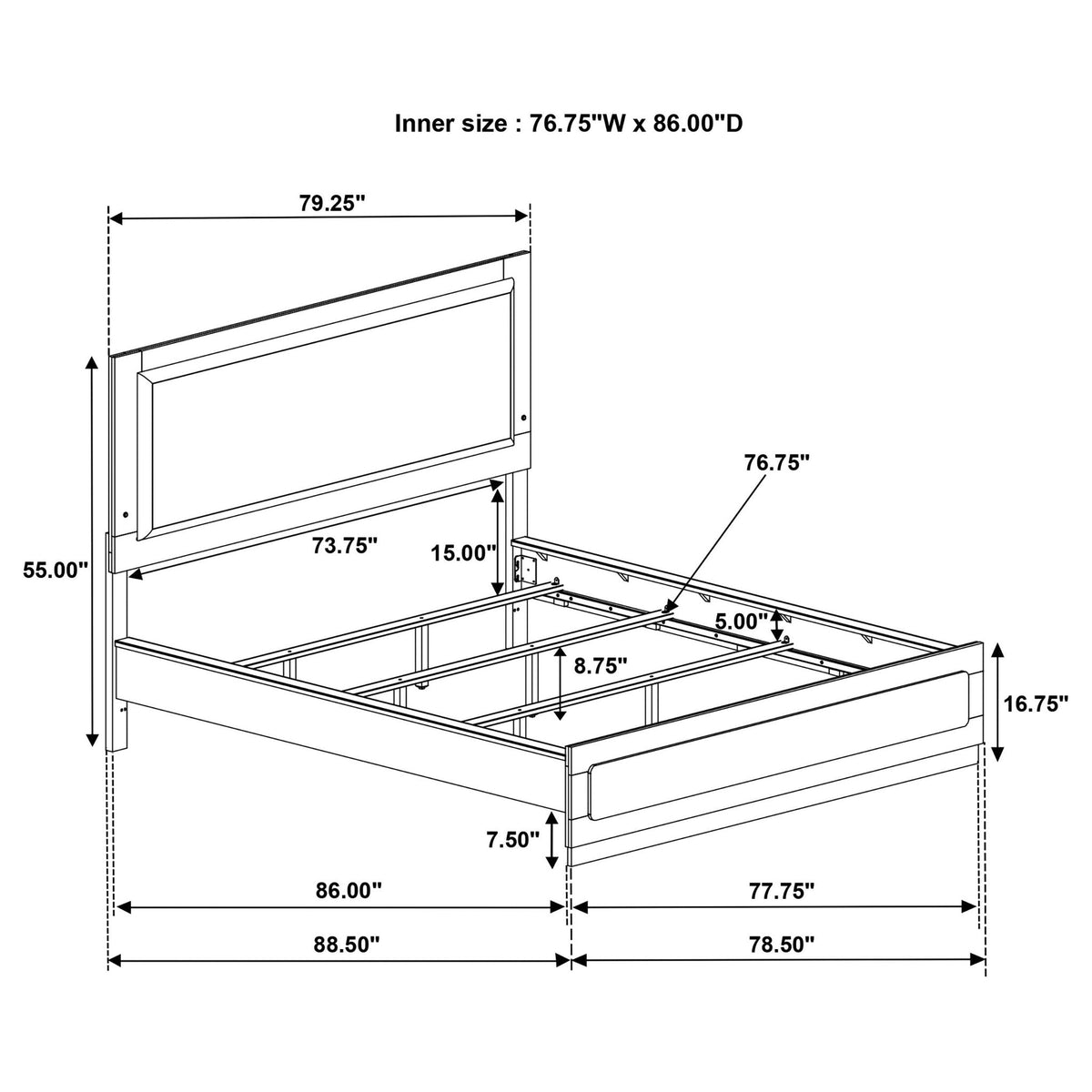 Sophia Panel Bed with LED Headboard by HouseOfZazla, panel bed schematic with dimensions on Tampa Home & Garden Store