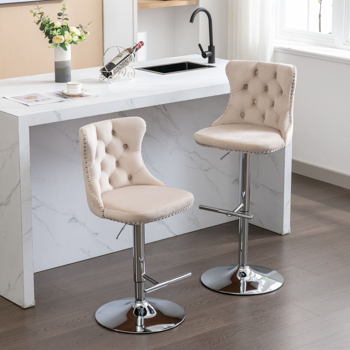 Swivel adjustable height barstools set of 2 with beige upholstery and chrome bases on Tampa Home & Garden Store