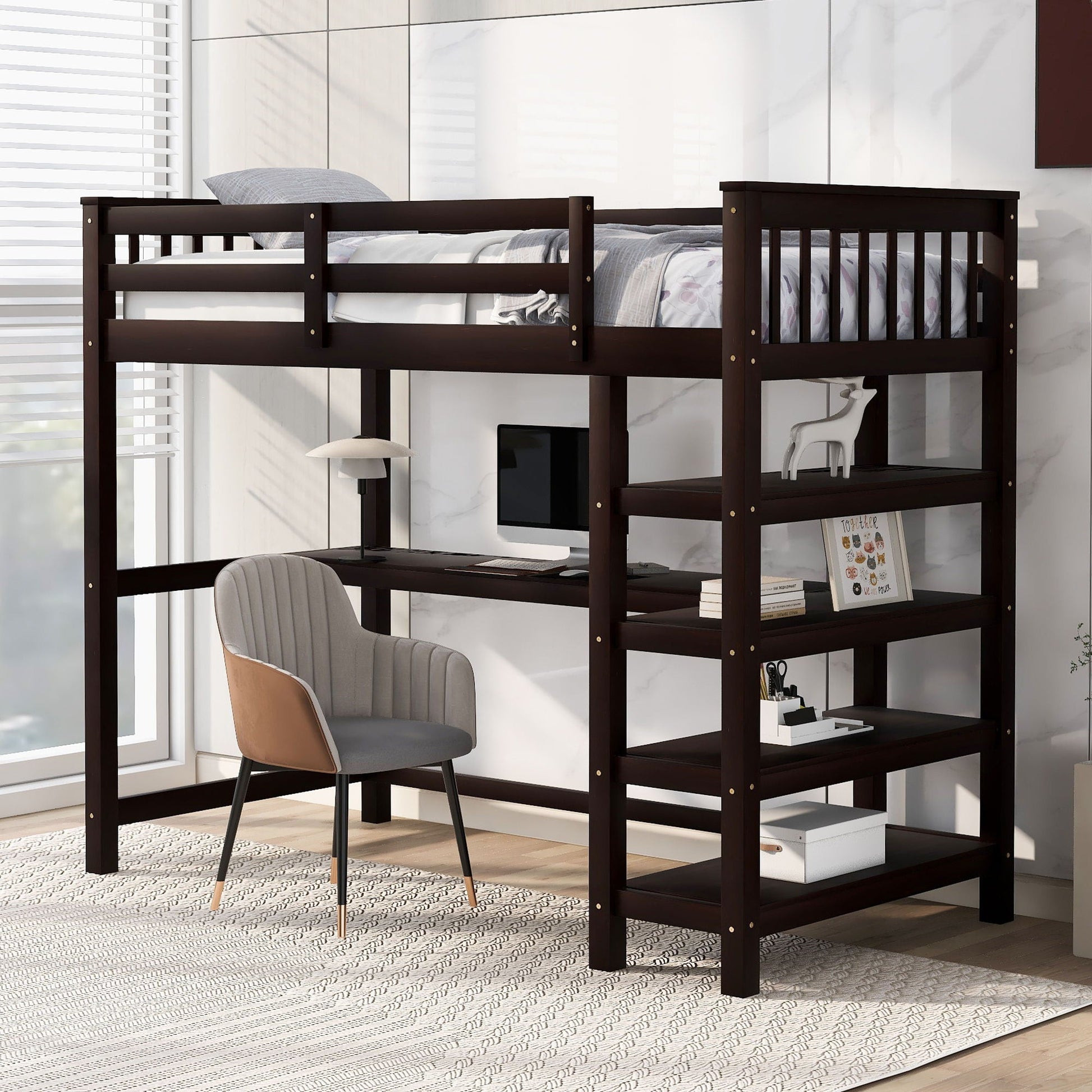 Loft bed with storage shelves and under-bed desk in dark wood by HouseOfZazla on Tampa Home & Garden Store