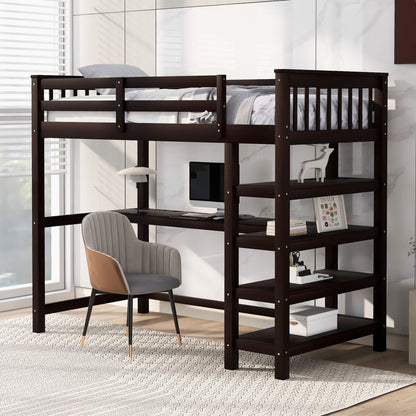 Loft bed with storage shelves and under-bed desk in dark wood by HouseOfZazla on Tampa Home & Garden Store