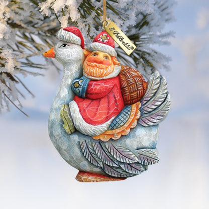 Santa on Goose Sculpted Ornament by G. DeBrekht, red Santa with blue-gray goose hanging tag on Tampa Home & Garden Store
