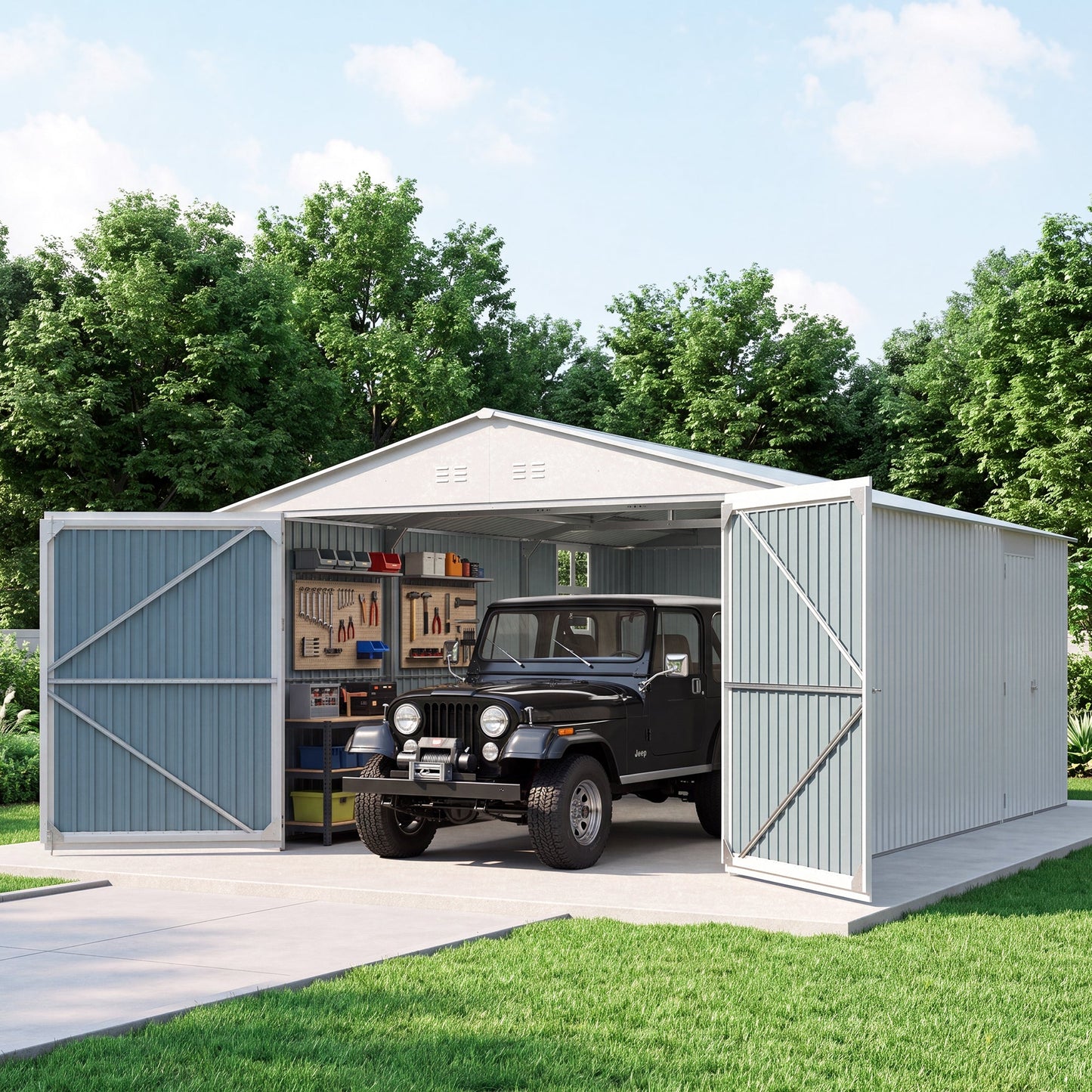 Outdoor metal storage shed 20x13 ft by HouseOfZazla with open doors and Jeep inside on Tampa Home & Garden Store