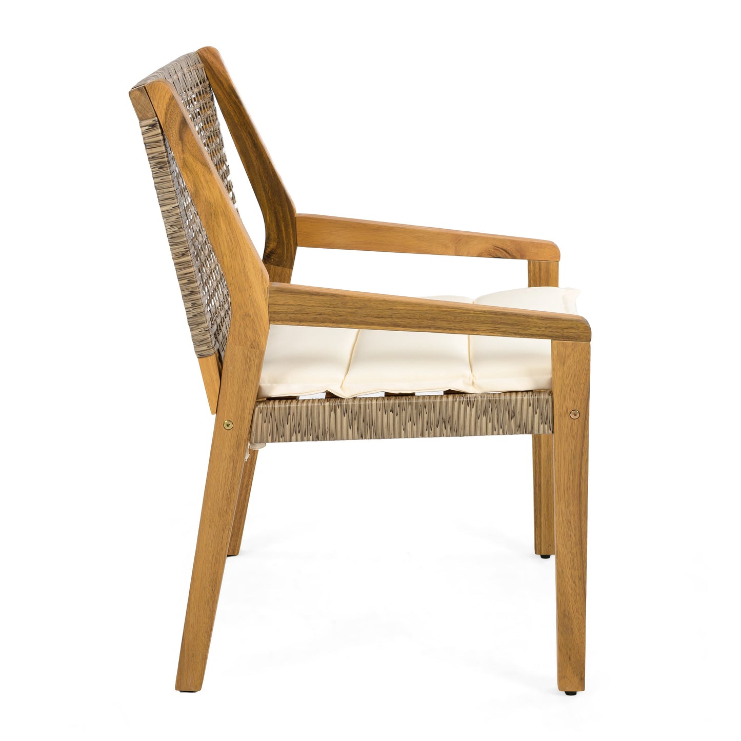 Outdoor dining chair set of 4 with acacia wood frame, wicker back, cream cushion on Tampa Home & Garden Store