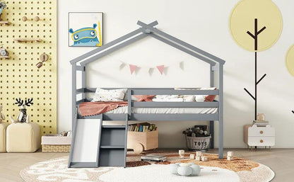 Low Loft House Bed With Slide and Guardrails