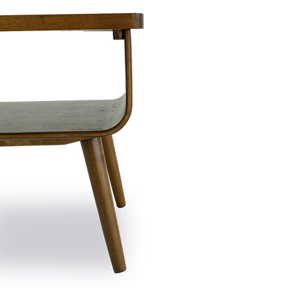 Alice mid-century modern coffee table in warm walnut wood with curved frame and glass top on Tampa Home & Garden Store