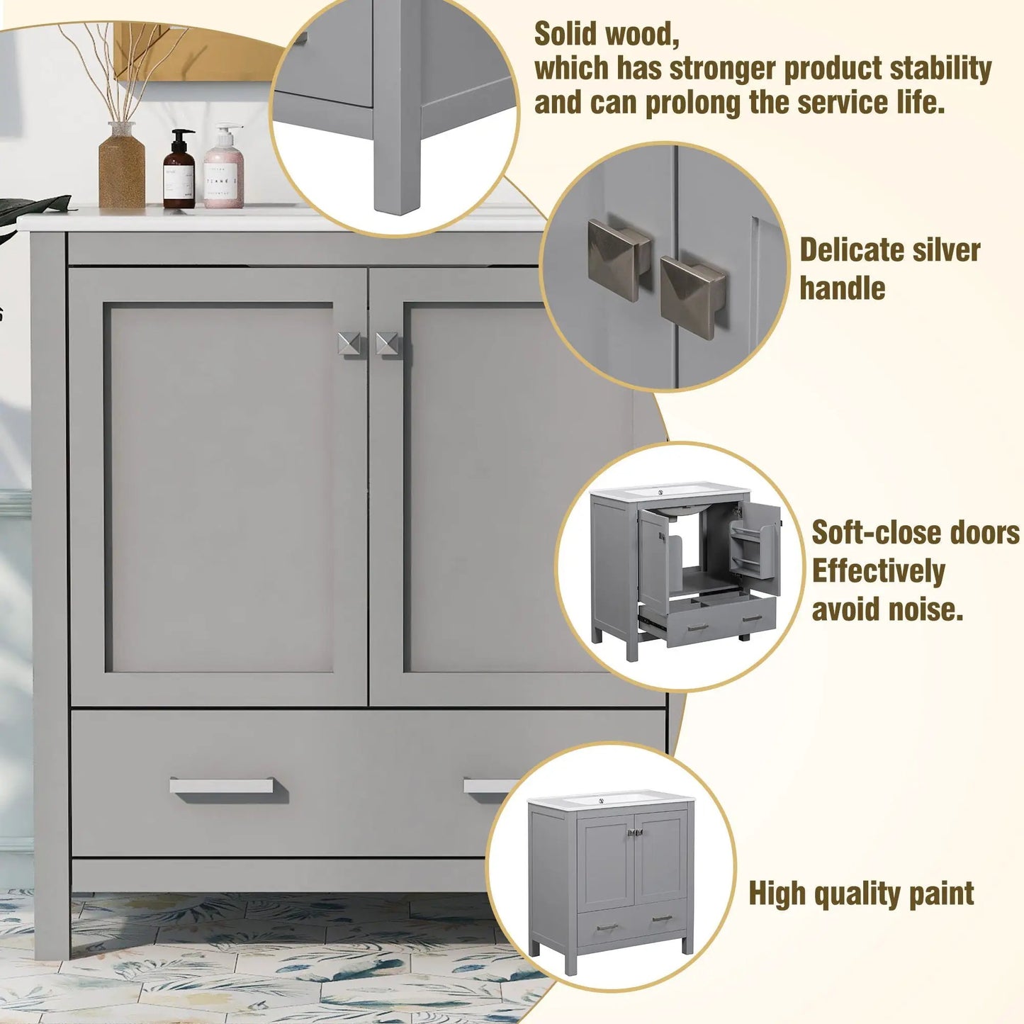 Bathroom vanity with single sink, gray solid-wood frame, two doors and a drawer, soft-close on Tampa Home & Garden Store