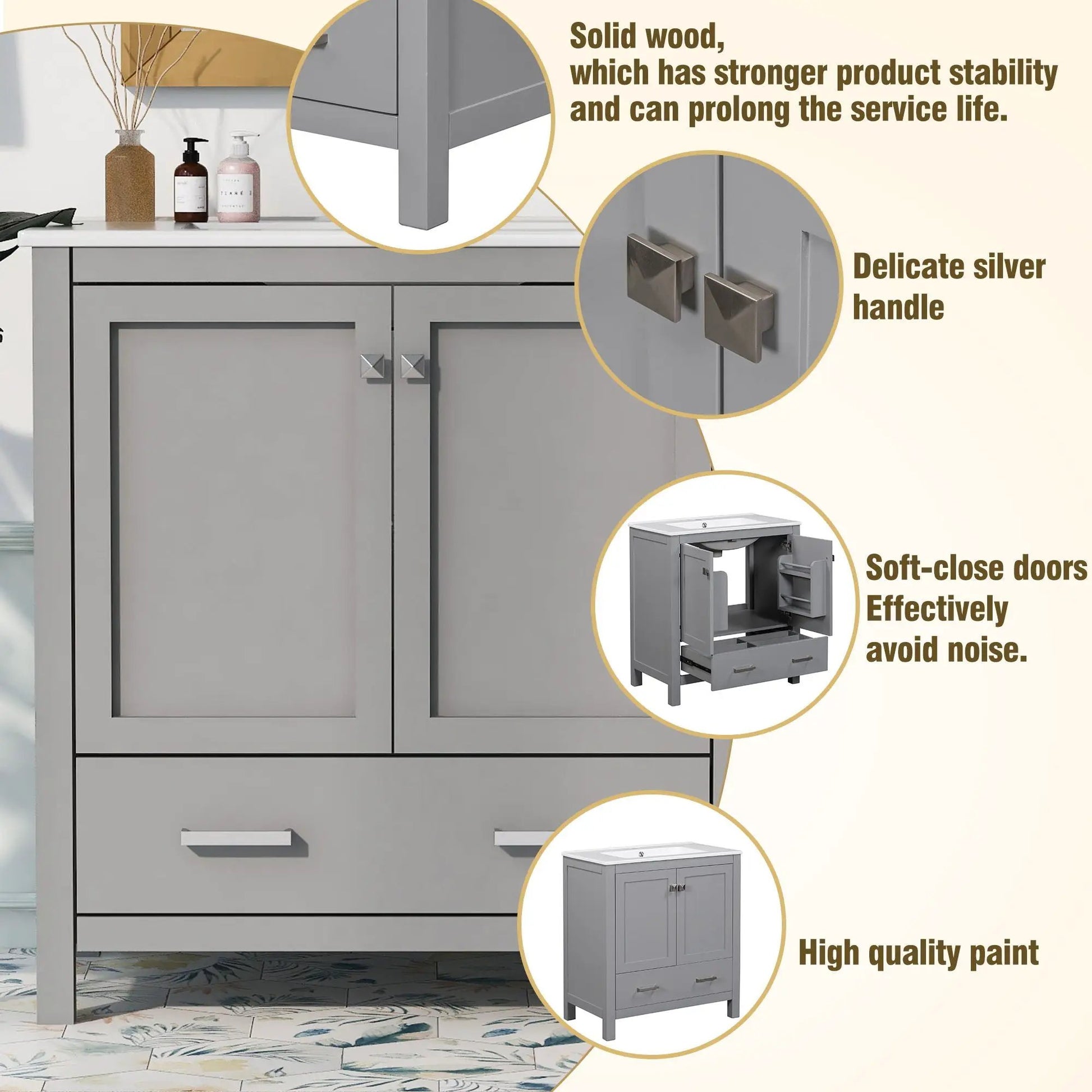 Bathroom vanity with single sink, gray solid-wood frame, two doors and a drawer, soft-close on Tampa Home & Garden Store