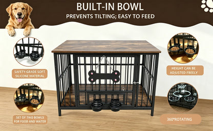 Vintage wood dog cage with rotating bowls, black metal frame, two bowls on Tampa Home & Garden Store