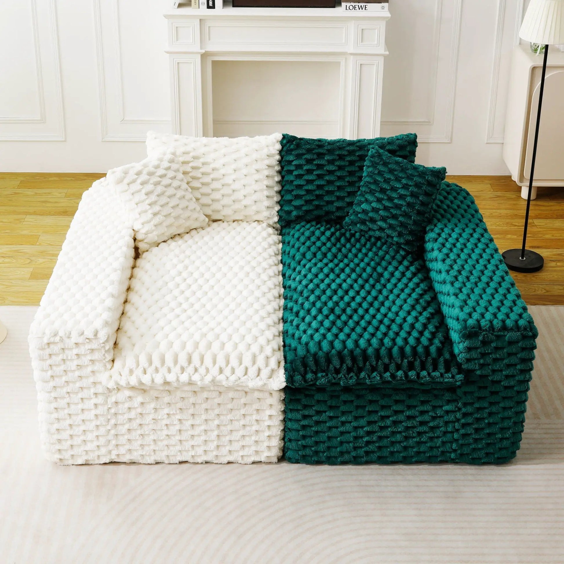 Multifunctional Sofa white and teal chunky knit throws on light wood floor in a room on Tampa Home & Garden Store