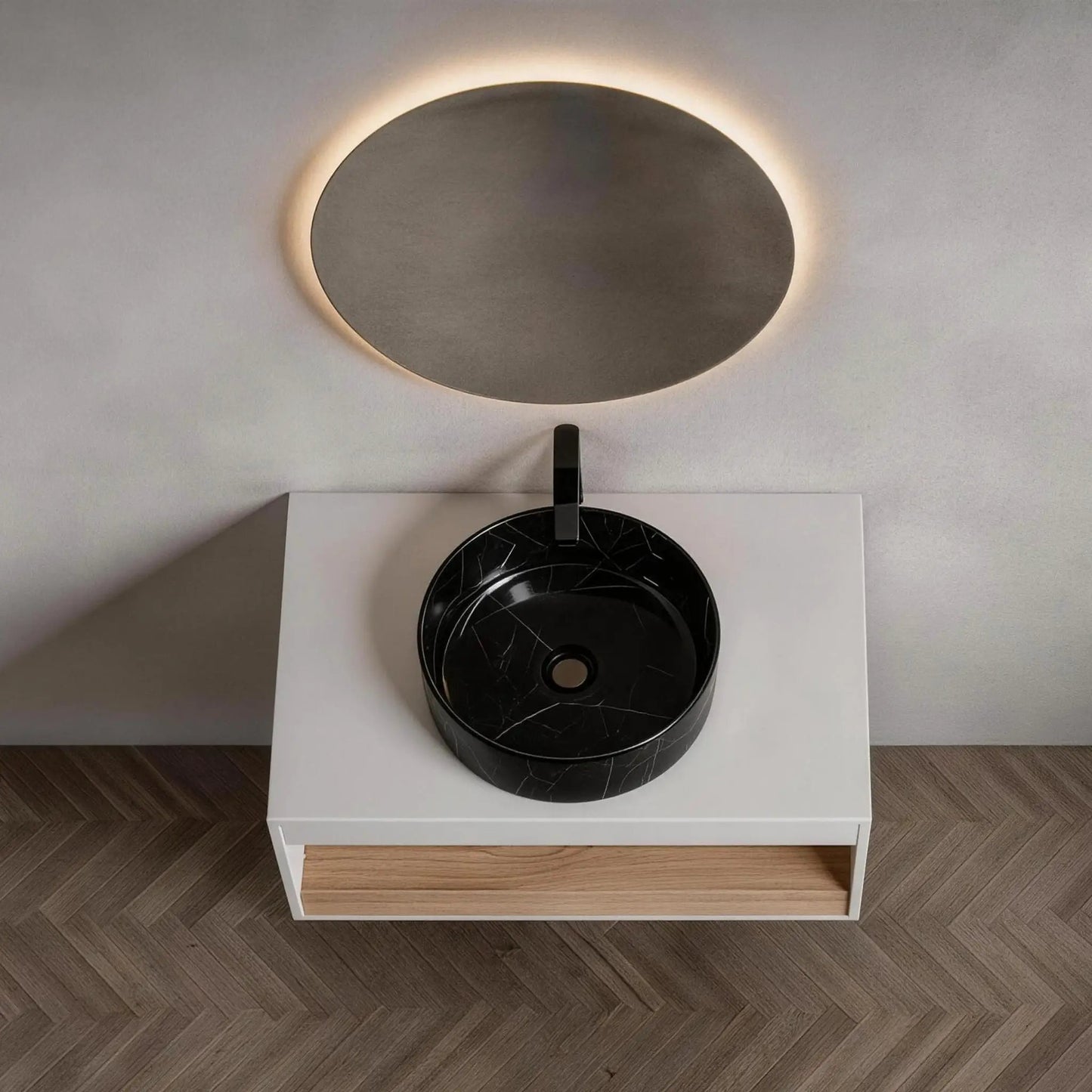 Floating Vanity with Vessel Sink and Open Shelf