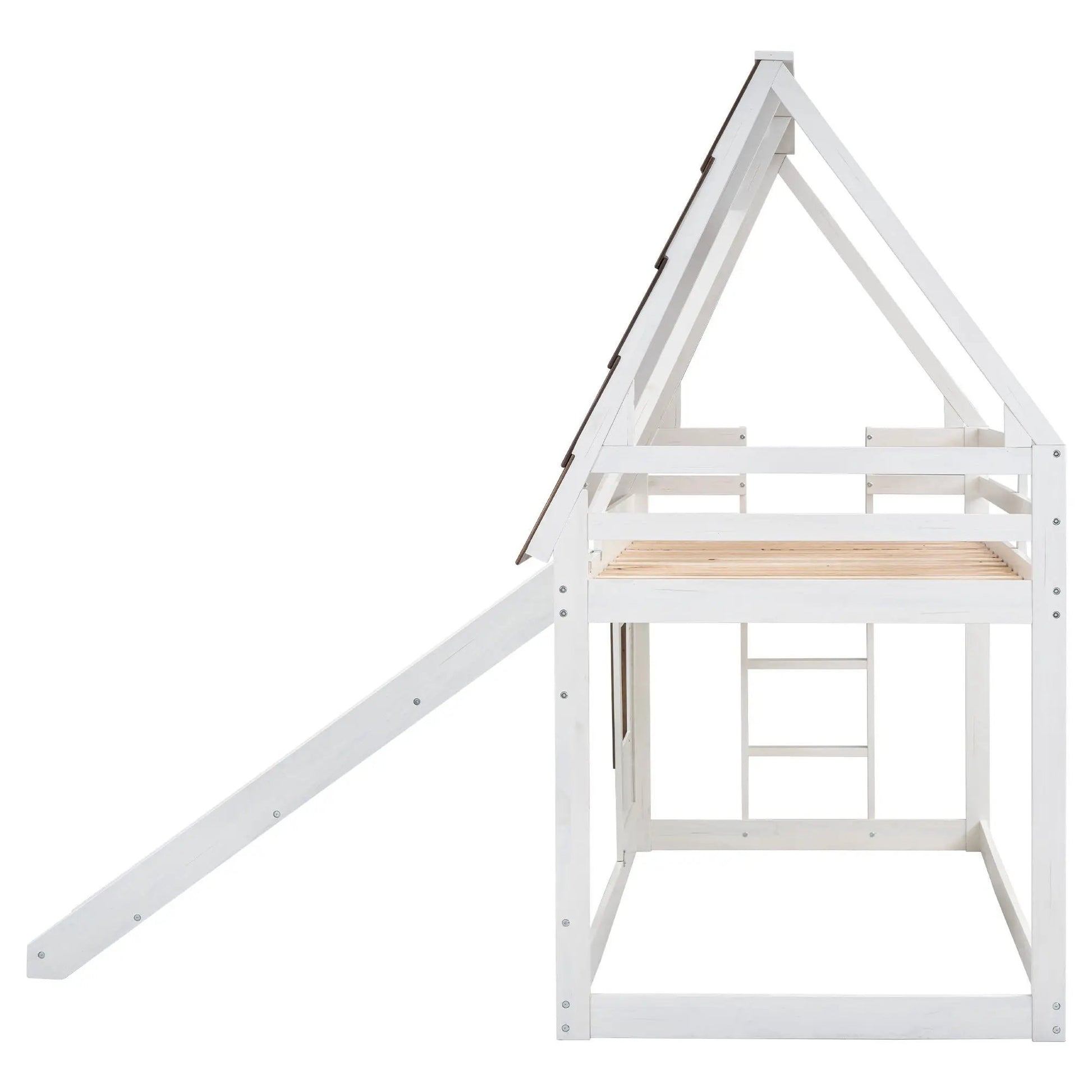 White wooden twin-size house bunk bed frame with ladder and slanted roof on Tampa Home & Garden Store