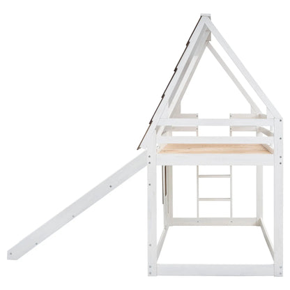 White wooden twin-size house bunk bed frame with ladder and slanted roof on Tampa Home & Garden Store