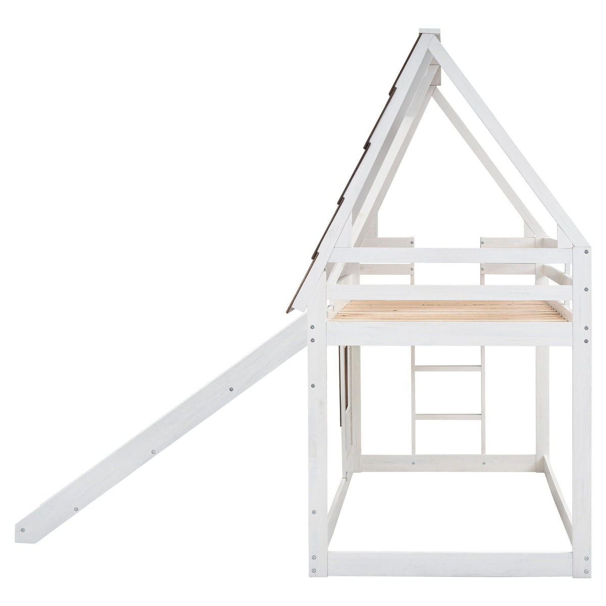Wood twin bunk bed with roof, white frame, ladder and slatted base on Tampa Home & Garden Store