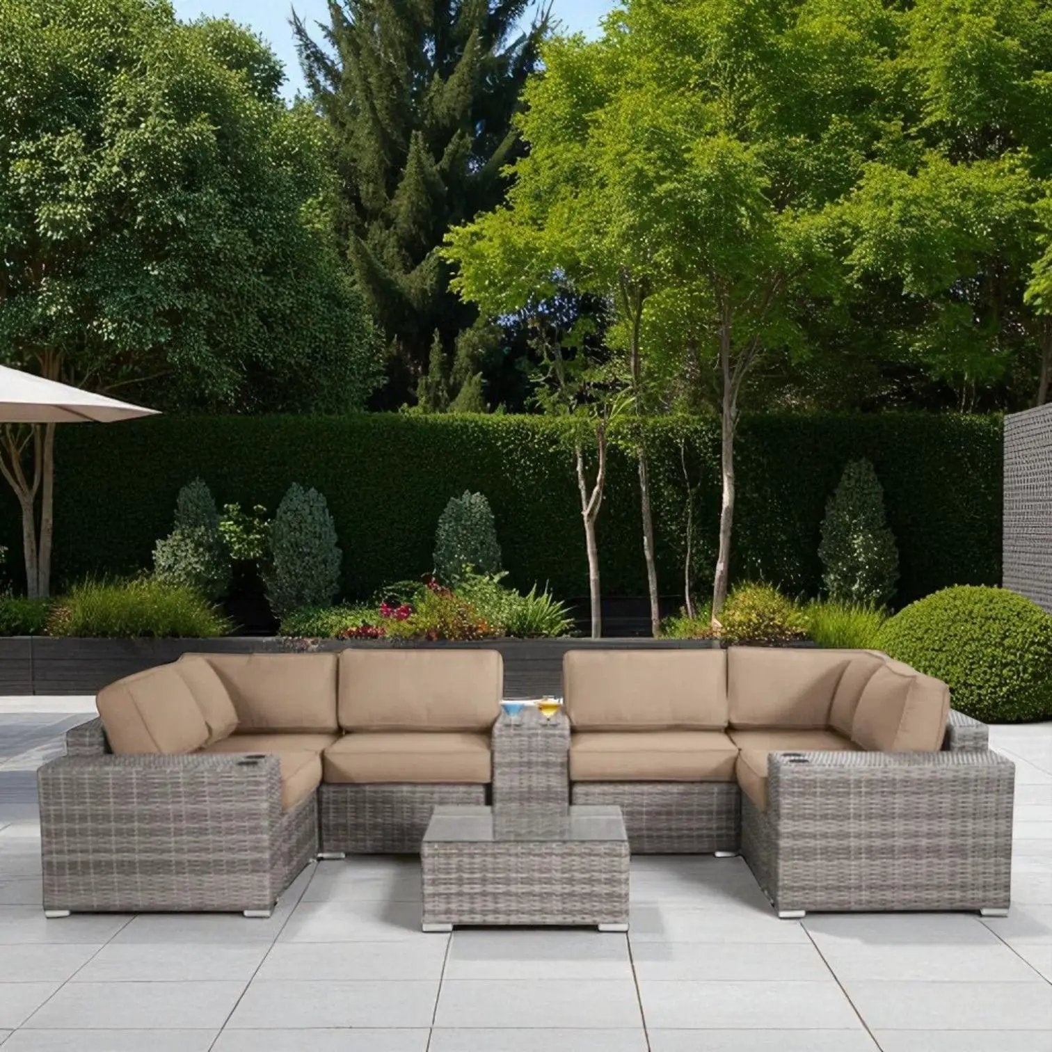 Modern 2-Piece patio rattan sectional with beige cushions by Unique Piece Furniture on Tampa Home & Garden Store