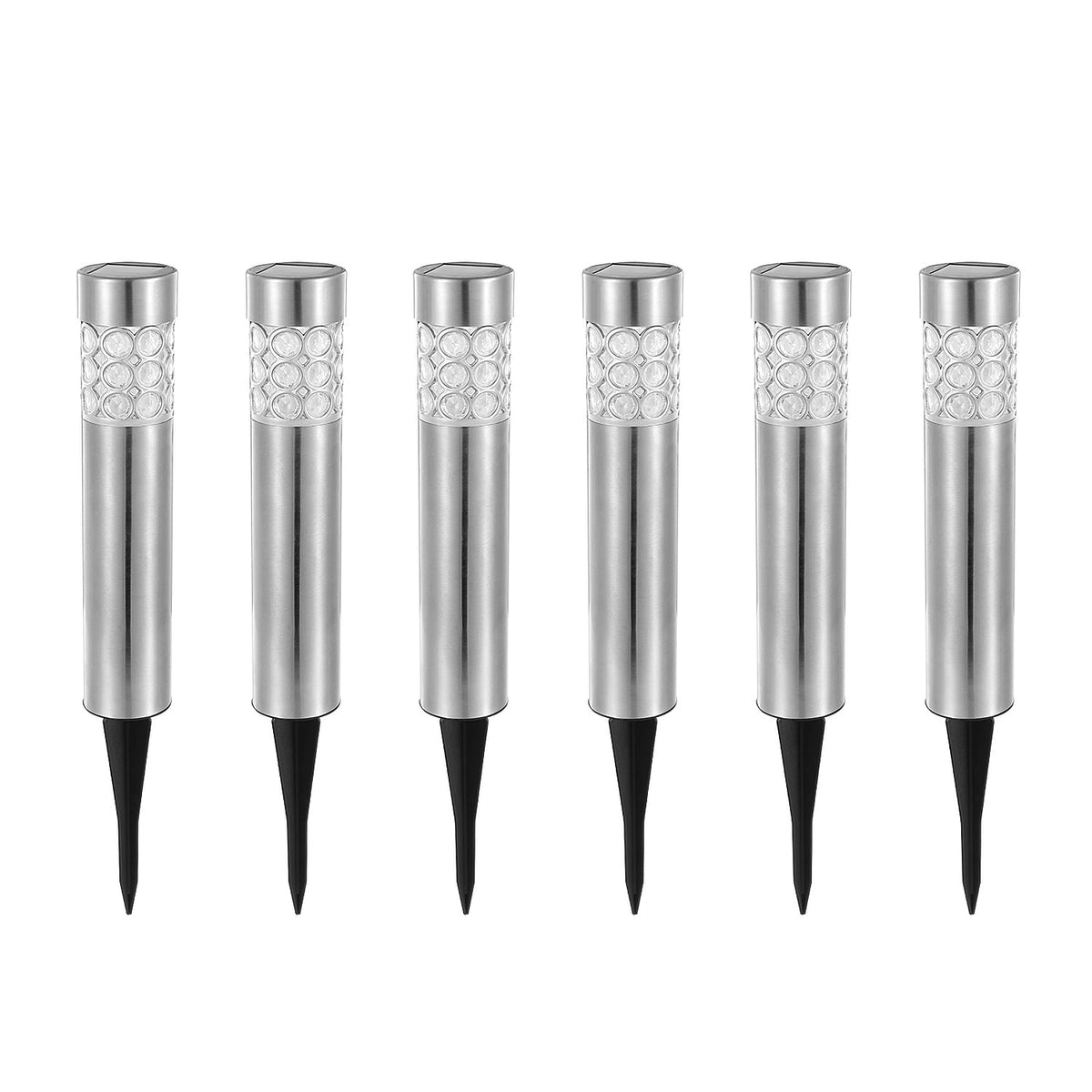 Solarek 6-pack outdoor solar LED stake lights, stainless steel with RGB LEDs and clear lens on Tampa Home & Garden Store
