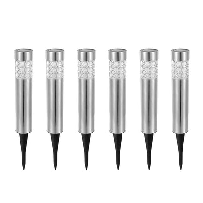Solarek 6-pack outdoor solar LED stake lights, stainless steel with RGB LEDs and clear lens on Tampa Home & Garden Store