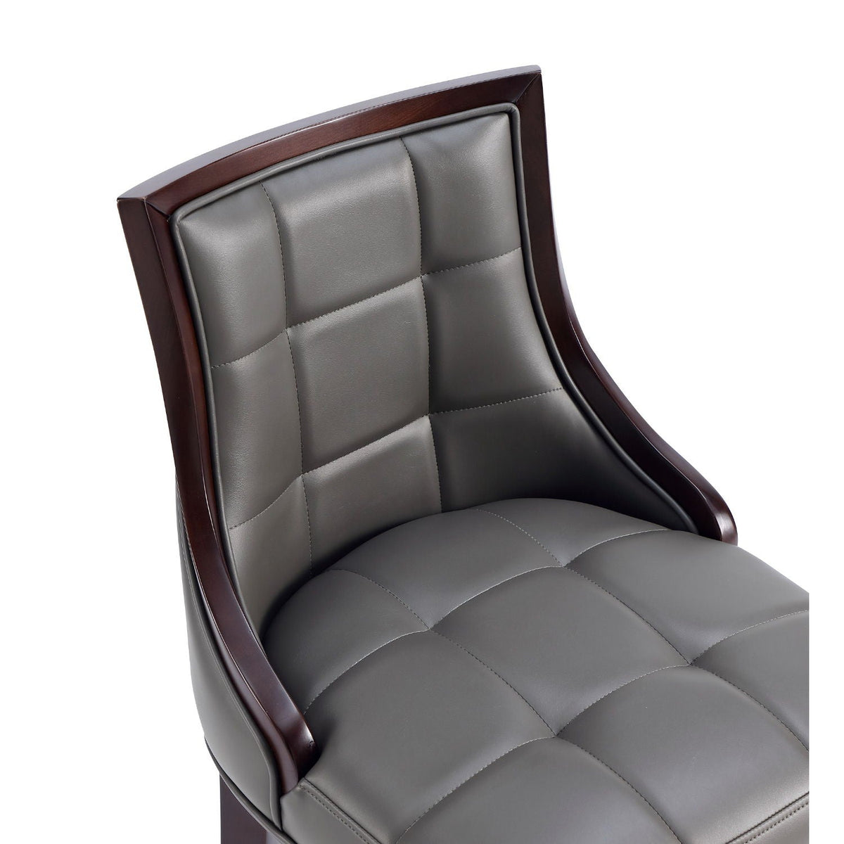 Bar height stool with dark wood frame and gray tufted leatherette seat on Tampa Home & Garden Store