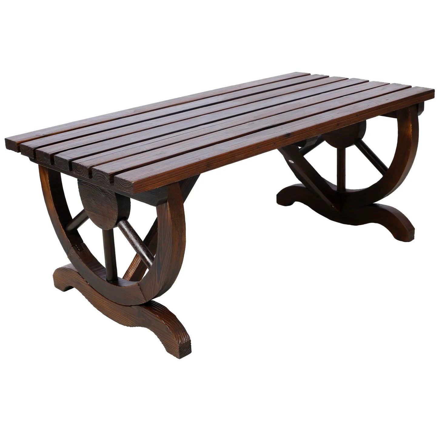 Rustic Wooden Bench with Wagon Wheel Legs Garden