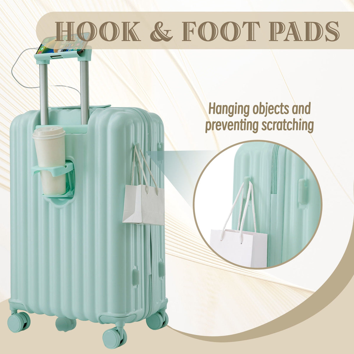 HouseOfZazla mint teal 3-piece spinner luggage set with cup holder, USB port, and phone holder on Tampa Home & Garden Store