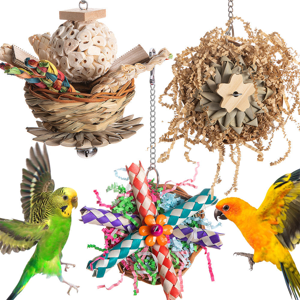 Parrot Bird Toy Gnawing Molar set of 4 natural woven toys with colorful paper accents on Tampa Home & Garden Store