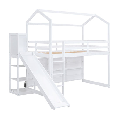 HouseOfZazla House Loft Bed with Slide, white frame, storage shelves and climbing ramp on Tampa Home & Garden Store