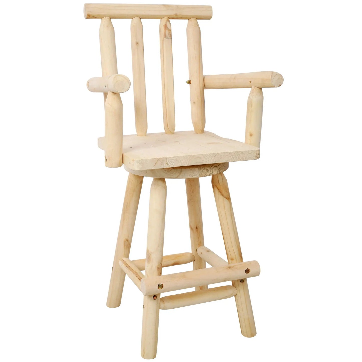 Rustic fir wood bar stool back with vertical spindles and wide armrests, bar height 28-30in on Tampa Home & Garden Store