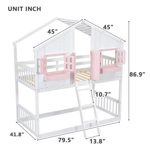 HouseOfZazla bunk bed with roof, white wood, pink window boxes and doors, ladder and guardrails on Tampa Home & Garden Store