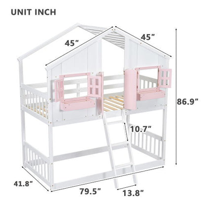 HouseOfZazla bunk bed with roof, white wood, pink window boxes and doors, ladder and guardrails on Tampa Home & Garden Store