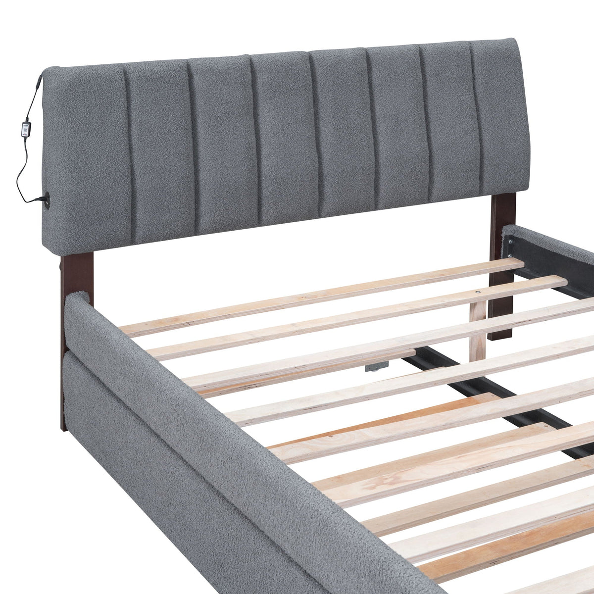 Upholstered Platform Bed With Trundle headboard in gray textured fabric HouseOfZazla on Tampa Home & Garden Store