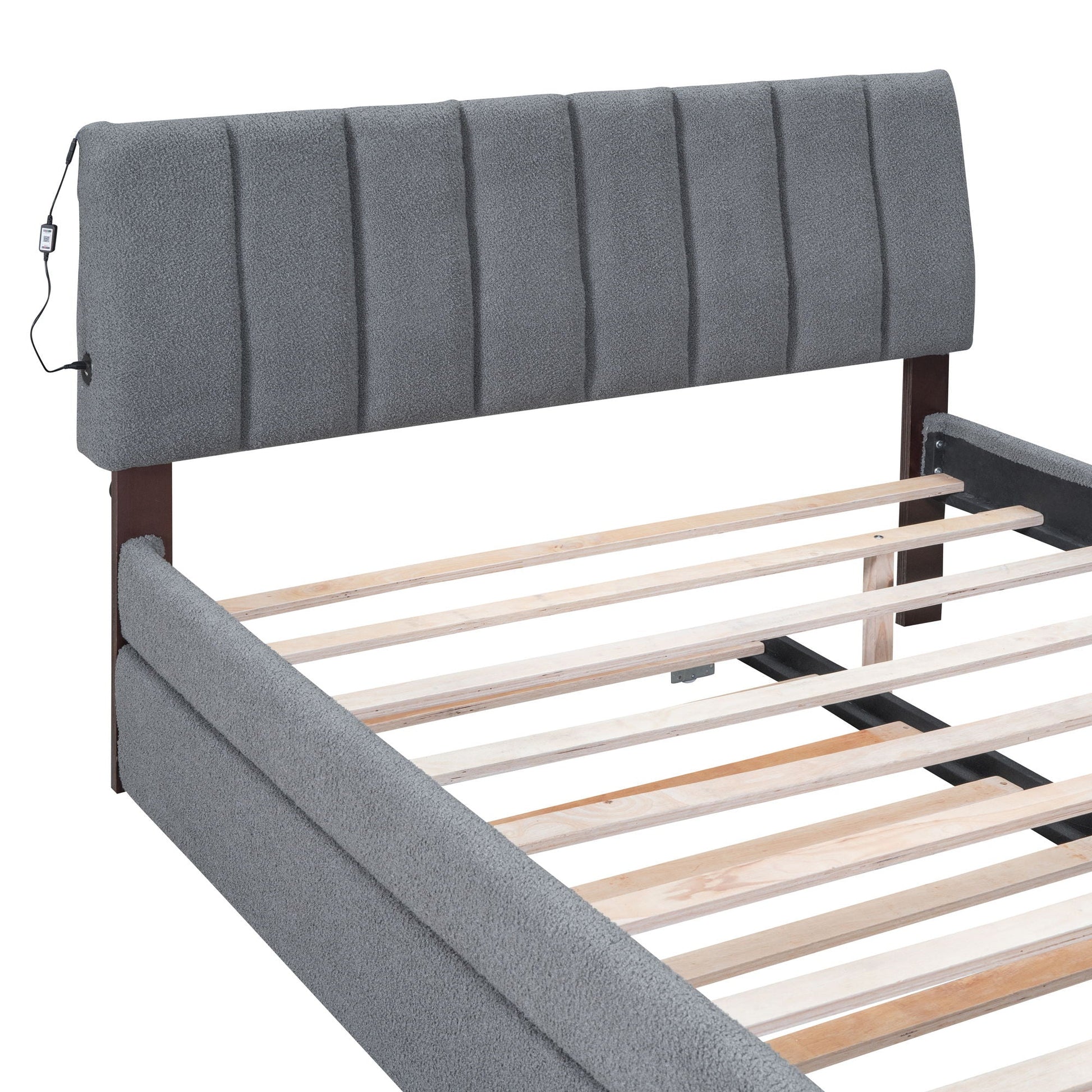 Upholstered Platform Bed With Trundle headboard in gray textured fabric HouseOfZazla on Tampa Home & Garden Store