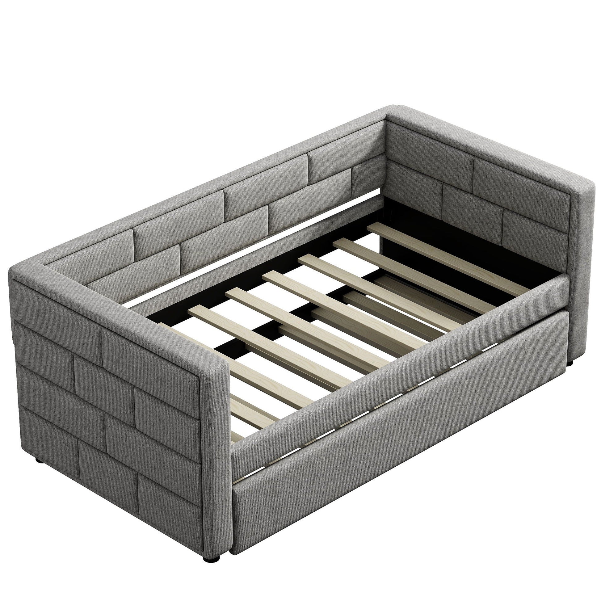 Upholstered twin daybed with trundle by HouseOfZazla, gray, padded back and sides, wood slat base on Tampa Home & Garden Store