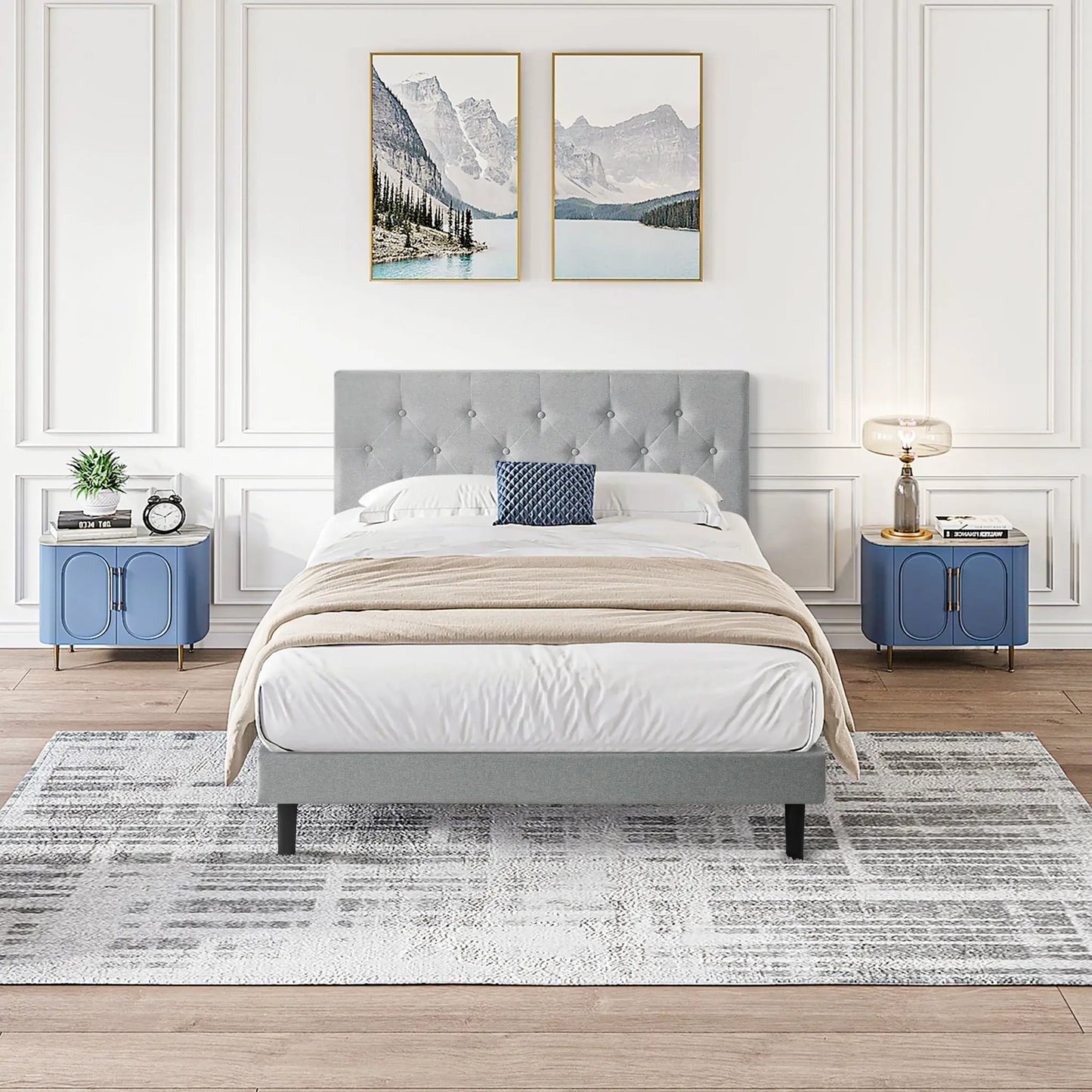 Modern Upholstered Platform Bed Tufted Headboard