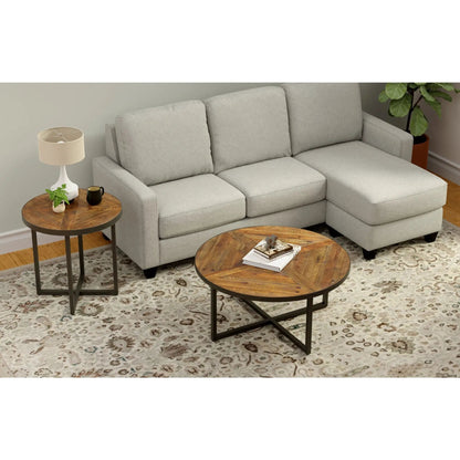 Faro round coffee tables, two wooden tops with black legs beside a gray sofa on Tampa Home & Garden Store