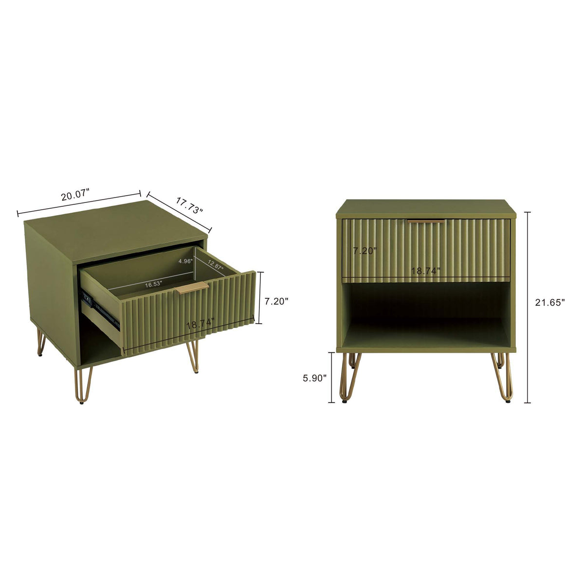 Modern Nightstand with Fluted Drawer and Metal Handles in olive green by HouseOfZazla on Tampa Home & Garden Store