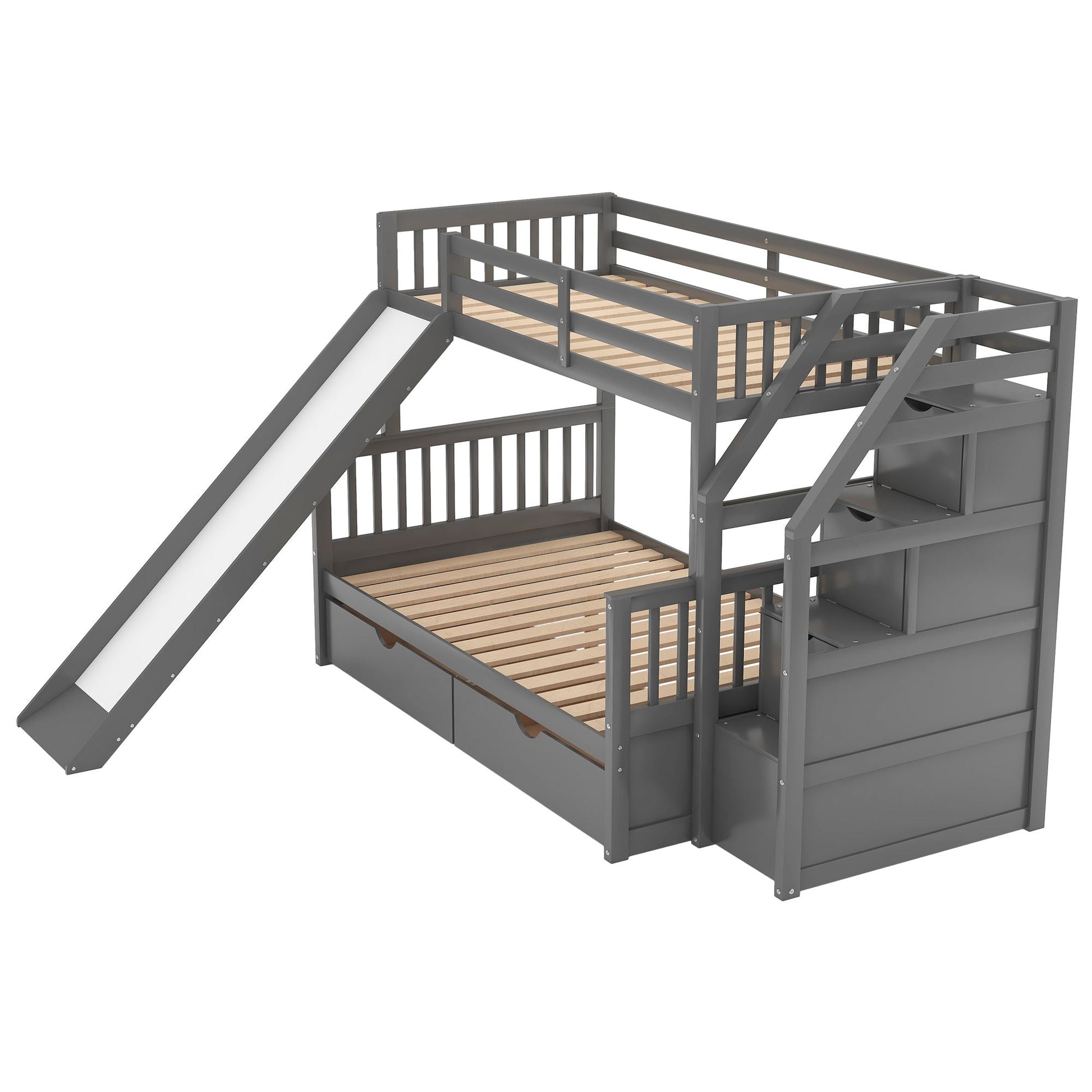 Bunk bed with storage staircase, slide, desk, drawers, and shelves in gray HouseOfZazla on Tampa Home & Garden Store