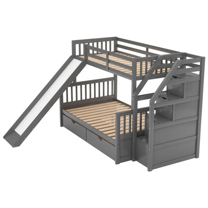 Bunk bed with storage staircase, slide, desk, drawers, and shelves in gray HouseOfZazla on Tampa Home & Garden Store