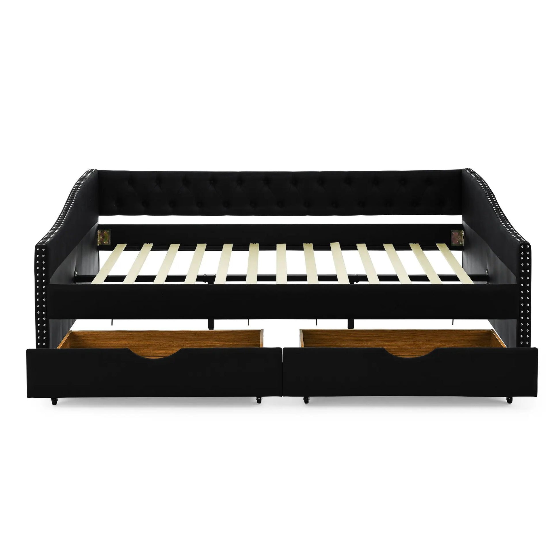 Upholstered tufted daybed with 2 drawers, black studded sides and waved arms on Tampa Home & Garden Store